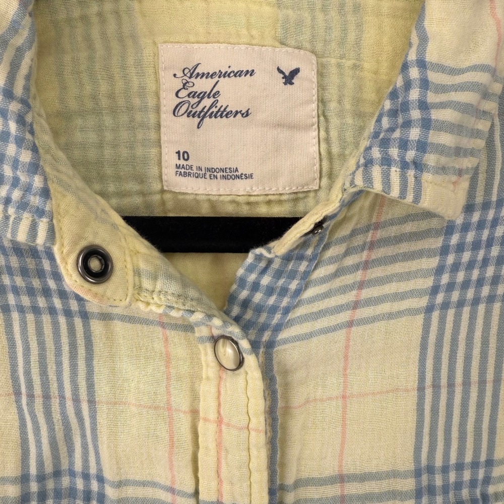 American Eagle Womens Plaid Snap Front Western Gauze Shirt Yellow Blue Size 10 - Picture 2 of 15